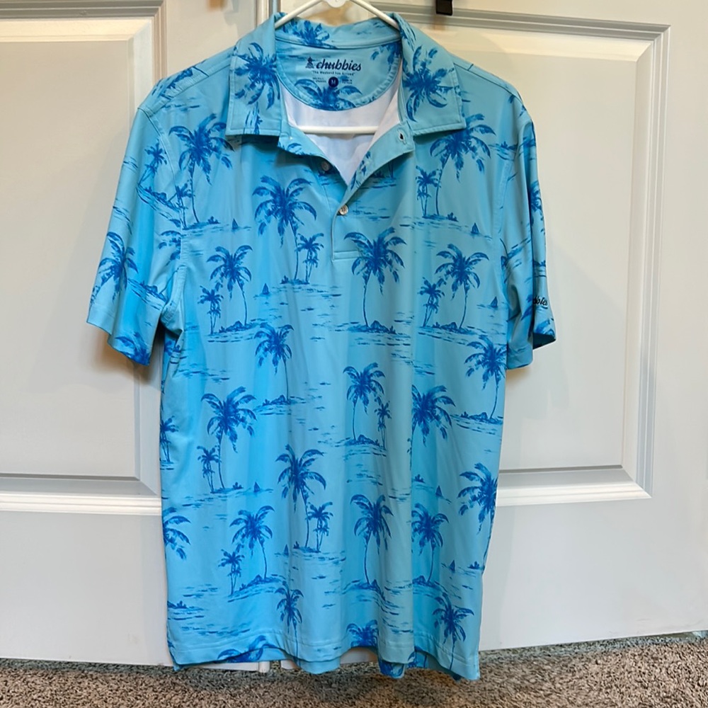 Men’s size Medium Chubbies “The Stay Palm” performance polo blue w/ palm trees